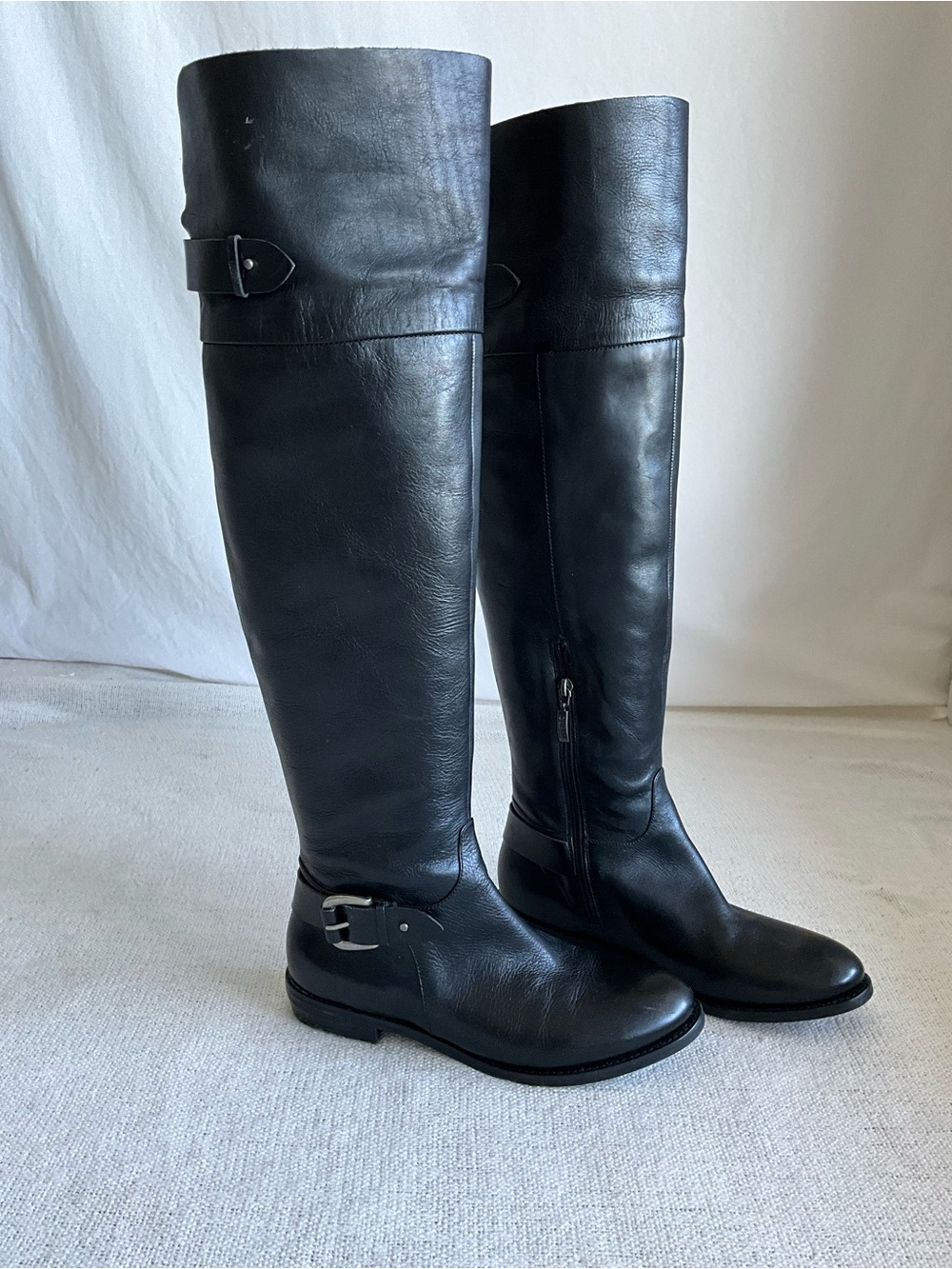 GUESS Black Over the Knee Riding Boots 8.5M Buckle Cuff Low Heel